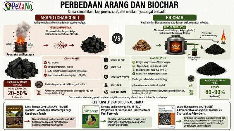 Perbedaan Arang dan Biochar: Dari Proses, Kandungan Karbon, hingga Manfaatnya